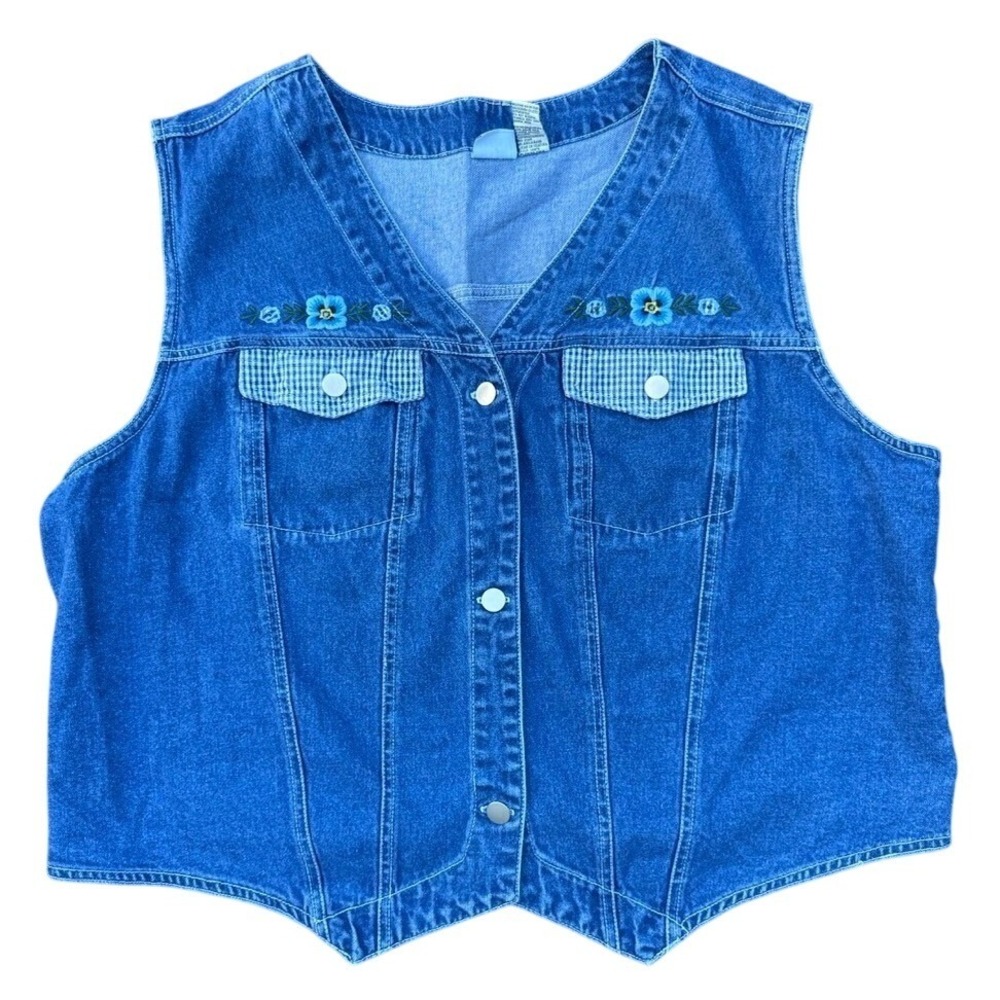 Midwest Traders Denim Vest Womens 20W Blue Floral Embroidery Gingham Used Great